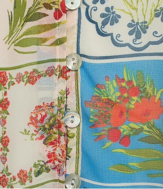 Figueroa & Flower Woven Patchwork Print Ruffled Split V-Neck Long Sleeve Button Front Blouse Product Image