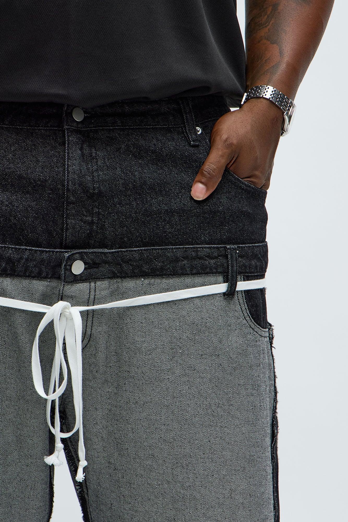 Baggy Double Waisted Panel Jeans - Black/combo Male Product Image