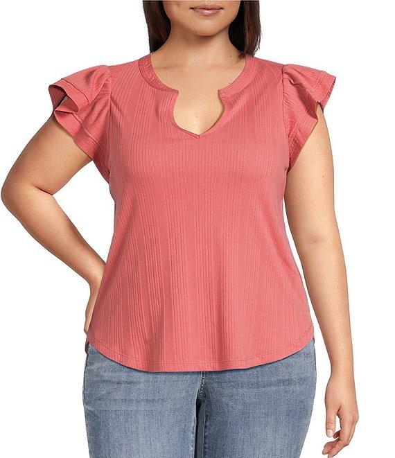 Democracy Plus Size Mix-Media Split V-Neck Cap Sleeve Shirttail Hem Knit Top Product Image