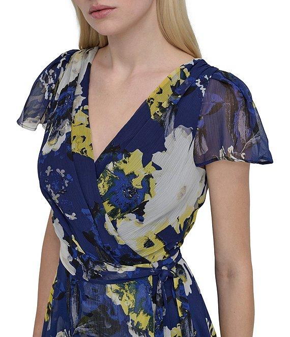 DKNY by Donna Karan Woven Floral Print V Neck Short Sleeve Faux Wrap Fit and Flare Dress Product Image