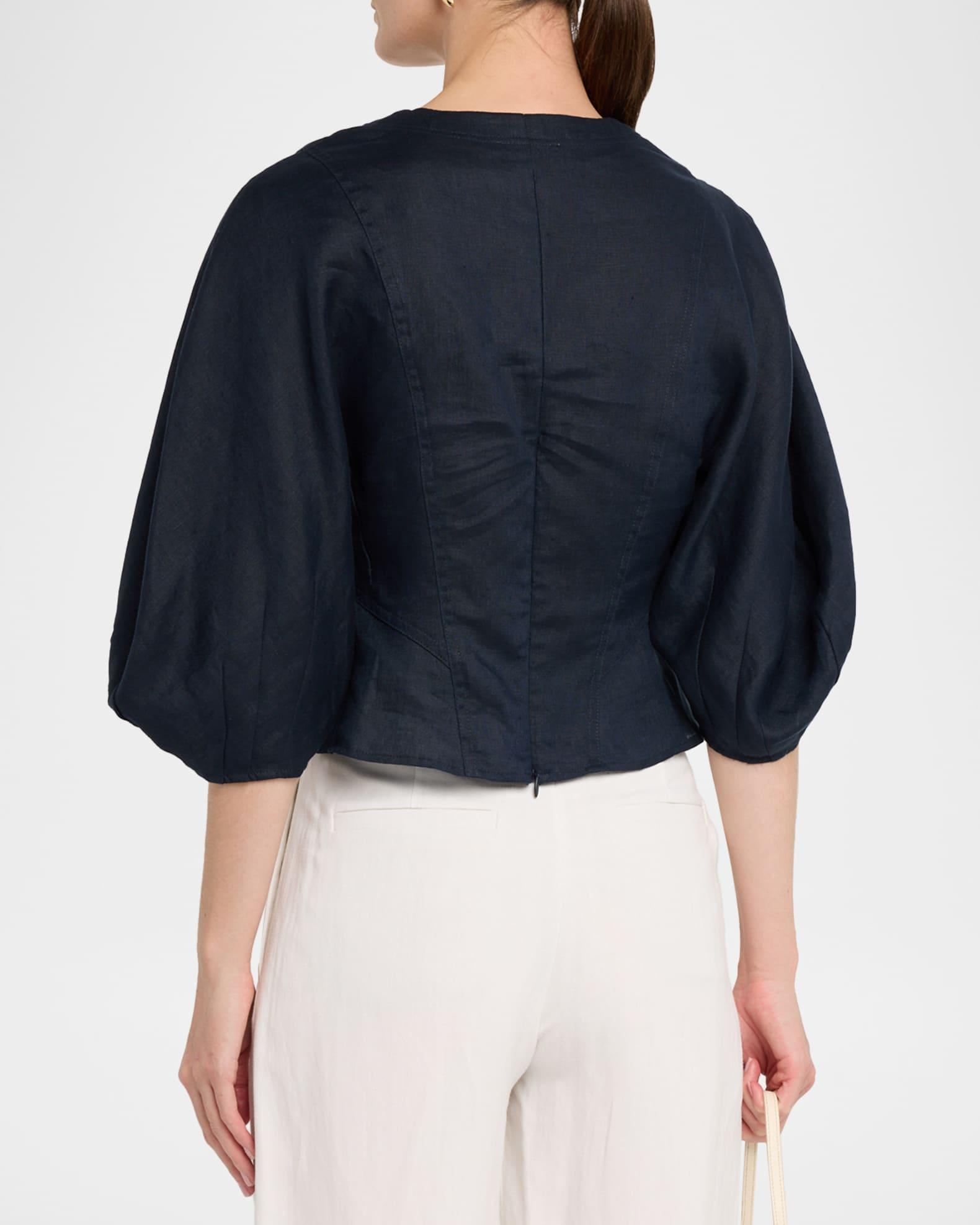 Remi Cropped Blouson-Sleeve Linen Blouse Product Image