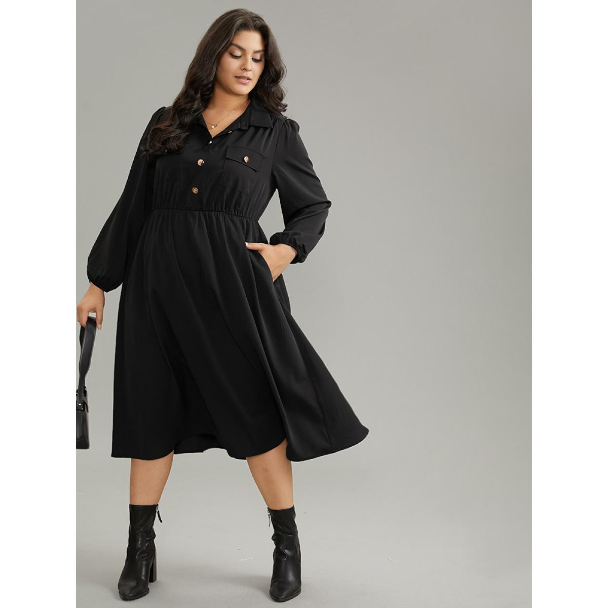 Plus Size Static-Free Plain Button Detail Lantern Sleeve Dress Black Women Office Elastic cuffs Shirt collar Long Sleeve Curvy Midi Dress BloomChic 22-24/3X Product Image