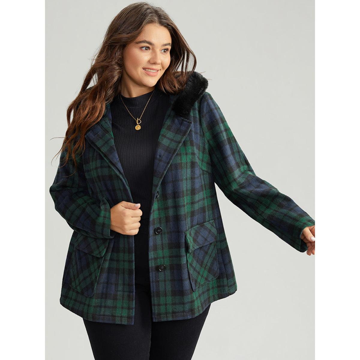 Plus Size Plaid Button Fly Hooded Fuzzy Trim Coat Women Emerald Casual Contrast Ladies Dailywear Winter Coats BloomChic 12/L Product Image
