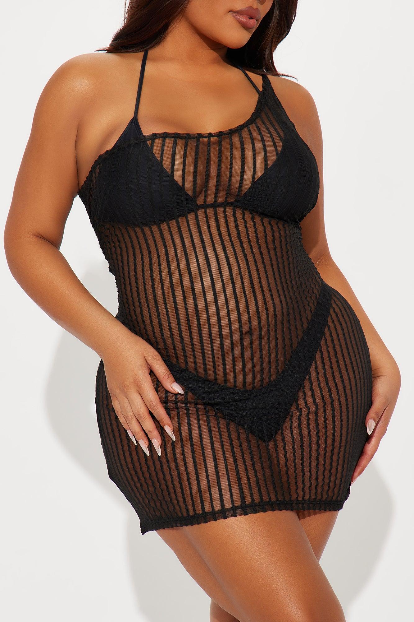 Palm Shade Stripe One Shoulder Twist Cover Up Mini Dress - Black Product Image