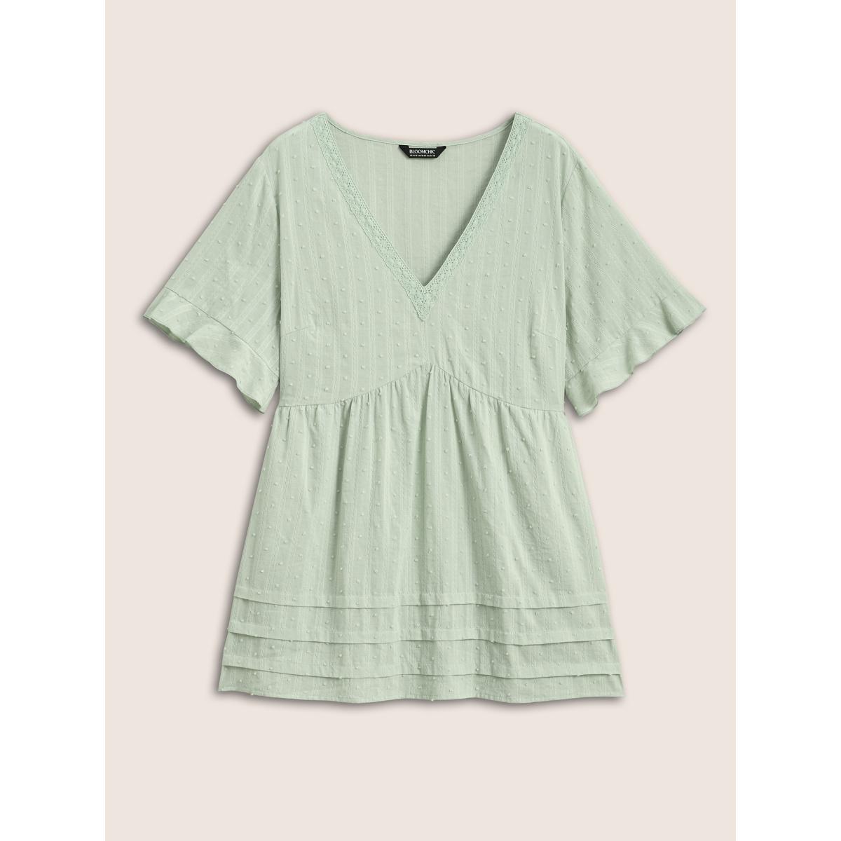 Plus Size Mint Textured Lace Panel Pleated Pocket Blouse Women Casual Short sleeve V-neck Everyday Blouses BloomChic 22-24/3X Product Image
