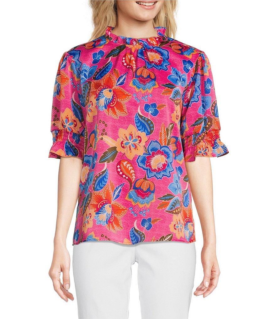 Ali Miles Floral Ruffle Round Neck Elbow Sleeve Print Popover Tunic Product Image