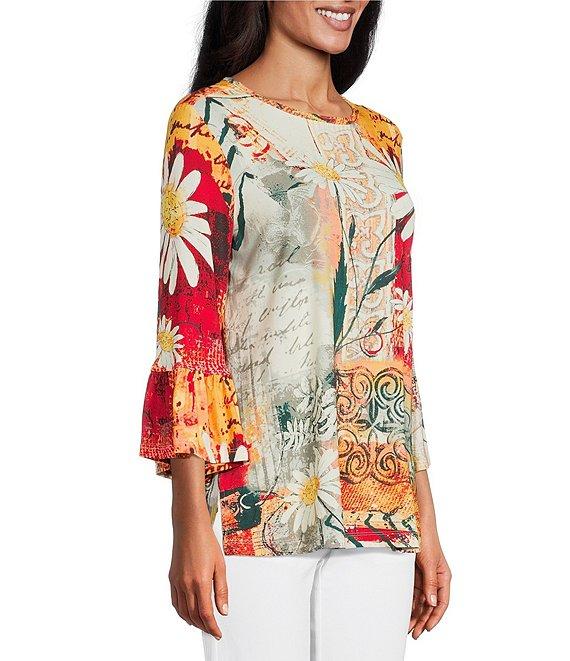 Multiples Embellished Placed Multi Print Boat Neck 3/4 Flounce Sleeve Knit Top Product Image