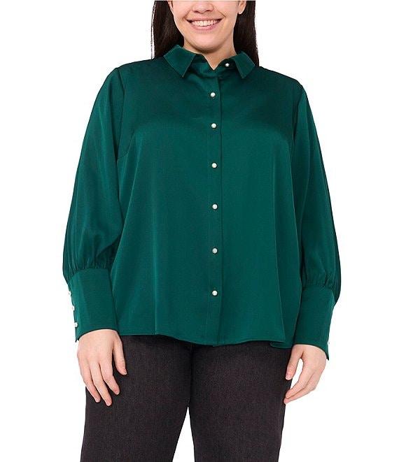 CeCe Plus Size Satin Point Collar Long Sleeve Tall Cuff Pearl Button Front Blouse Product Image