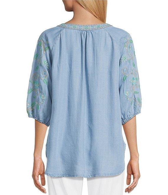 Multiples Lyocell Embroidered Elbow Raglan Sleeve Notch Neck Band Collar Hi-Low Hem Top Product Image