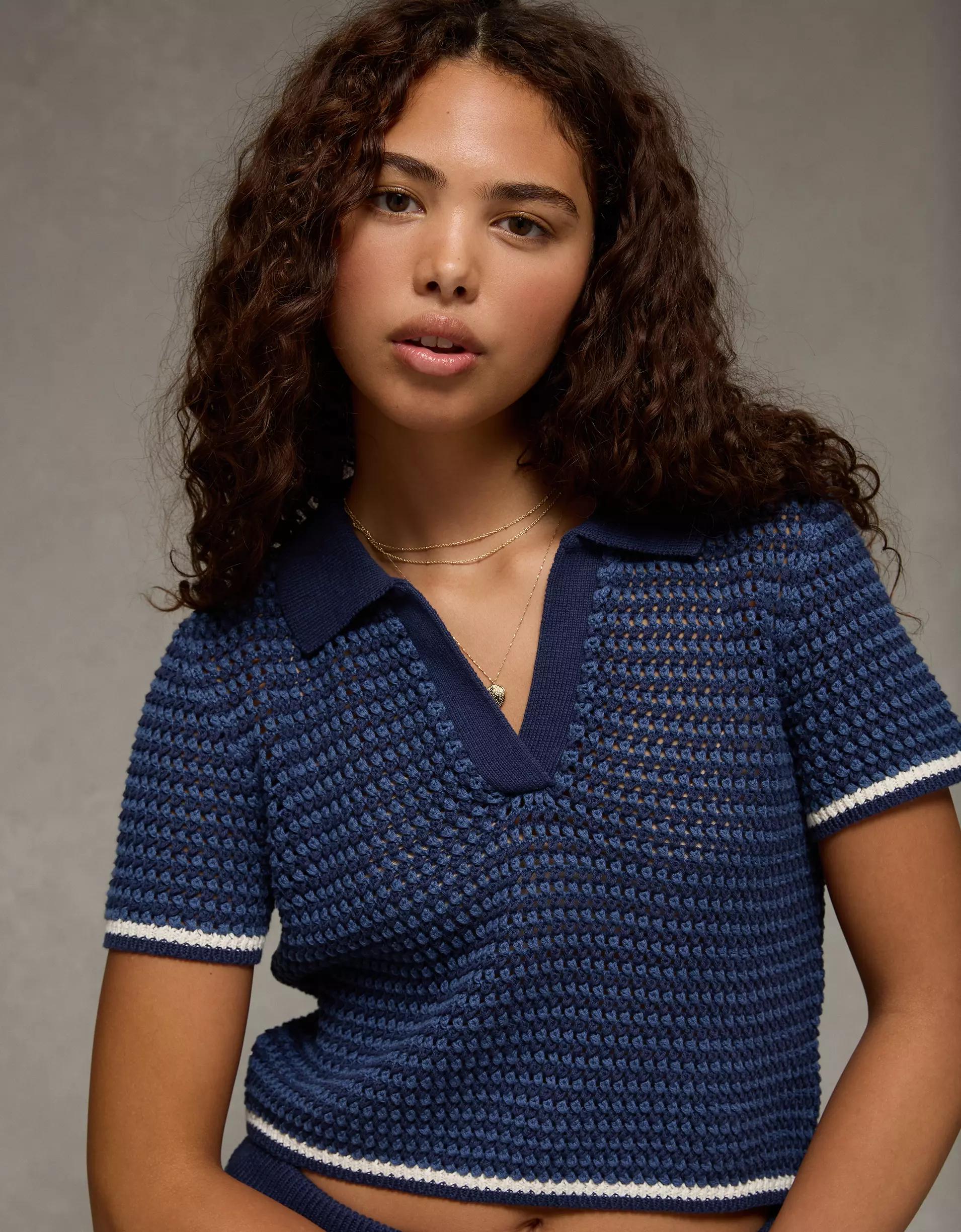 AE Cropped Crochet Sweater Polo Shirt Product Image