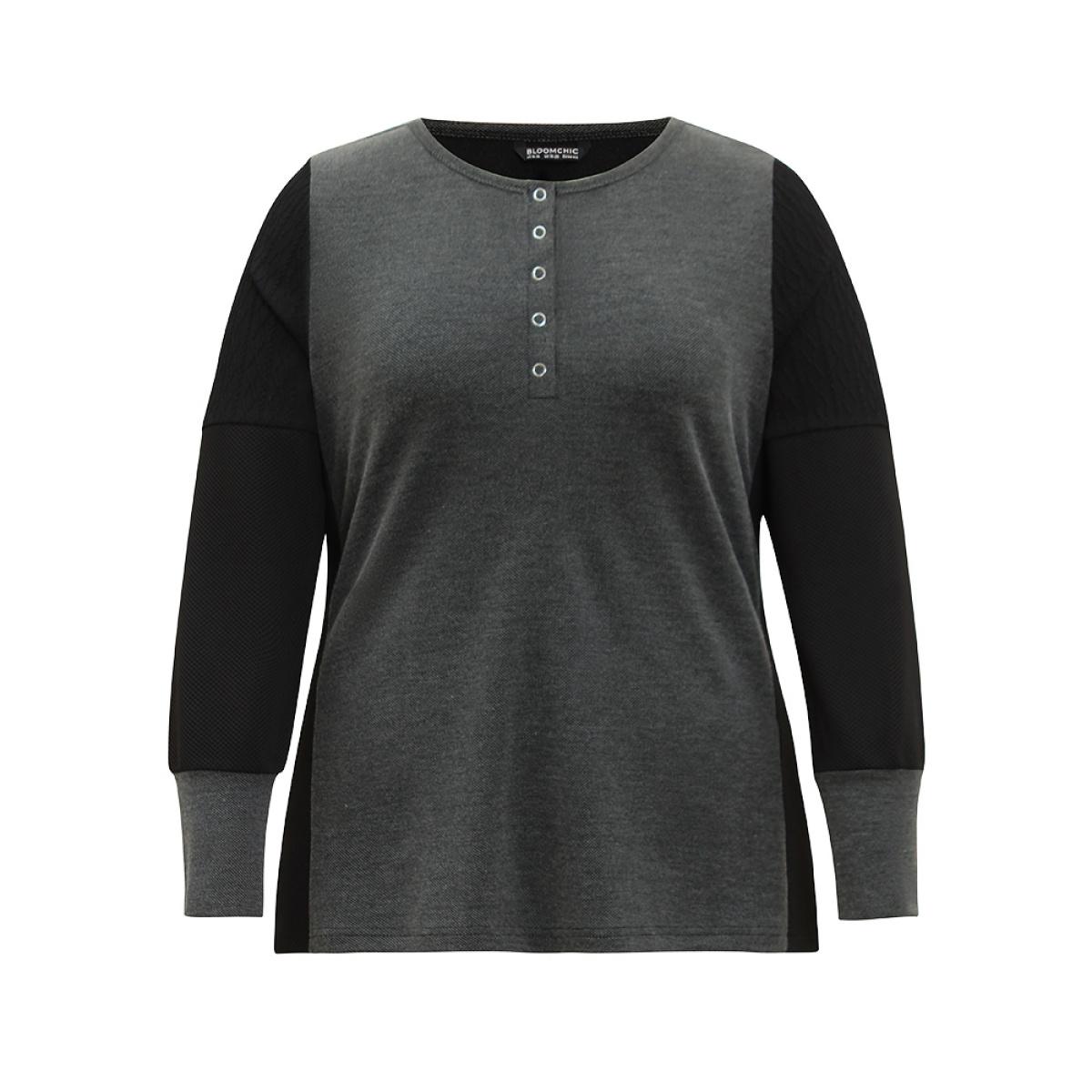 Plus Size Plisse Patchwork Two Tone Button Up T-shirt DimGray Women Casual Texture Plain Open Front Dailywear T-shirts BloomChic 26/4X Product Image