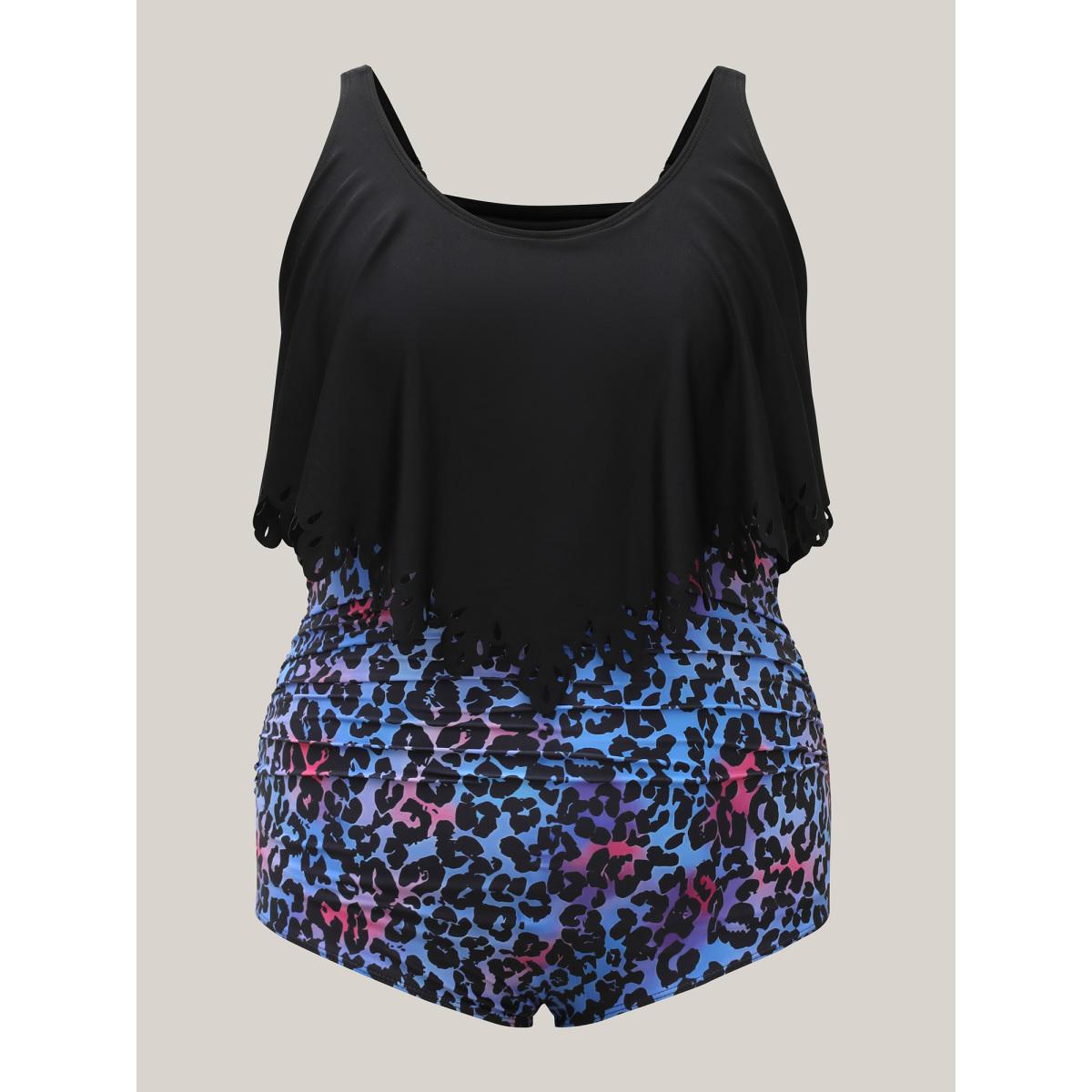 Plus Size Leopard Print Laser Cut Pleated One-Piece Swimsuit Women's Swimwear Black Beach Laser Curve Bathing Suits High stretch One Pieces BloomChic 30/6X Product Image