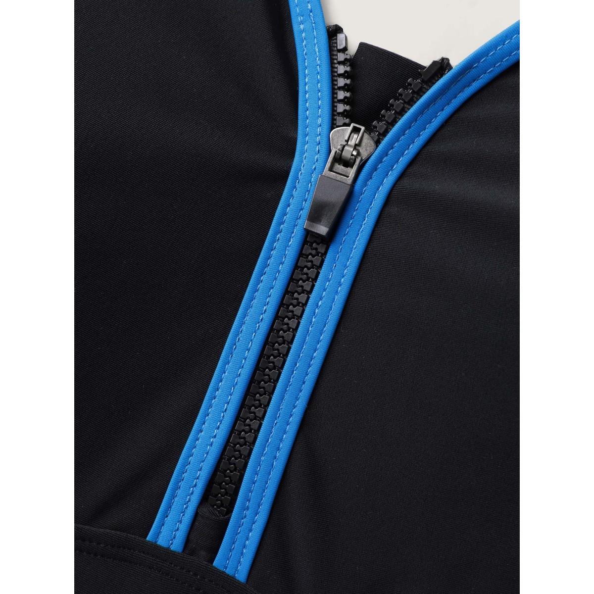 Plus Size Zipper Front Color Contrast Swim Dress Women's Swimwear Black Resort Bodycon V-neck High stretch Curve Swim Dresses BloomChic 10/M Product Image