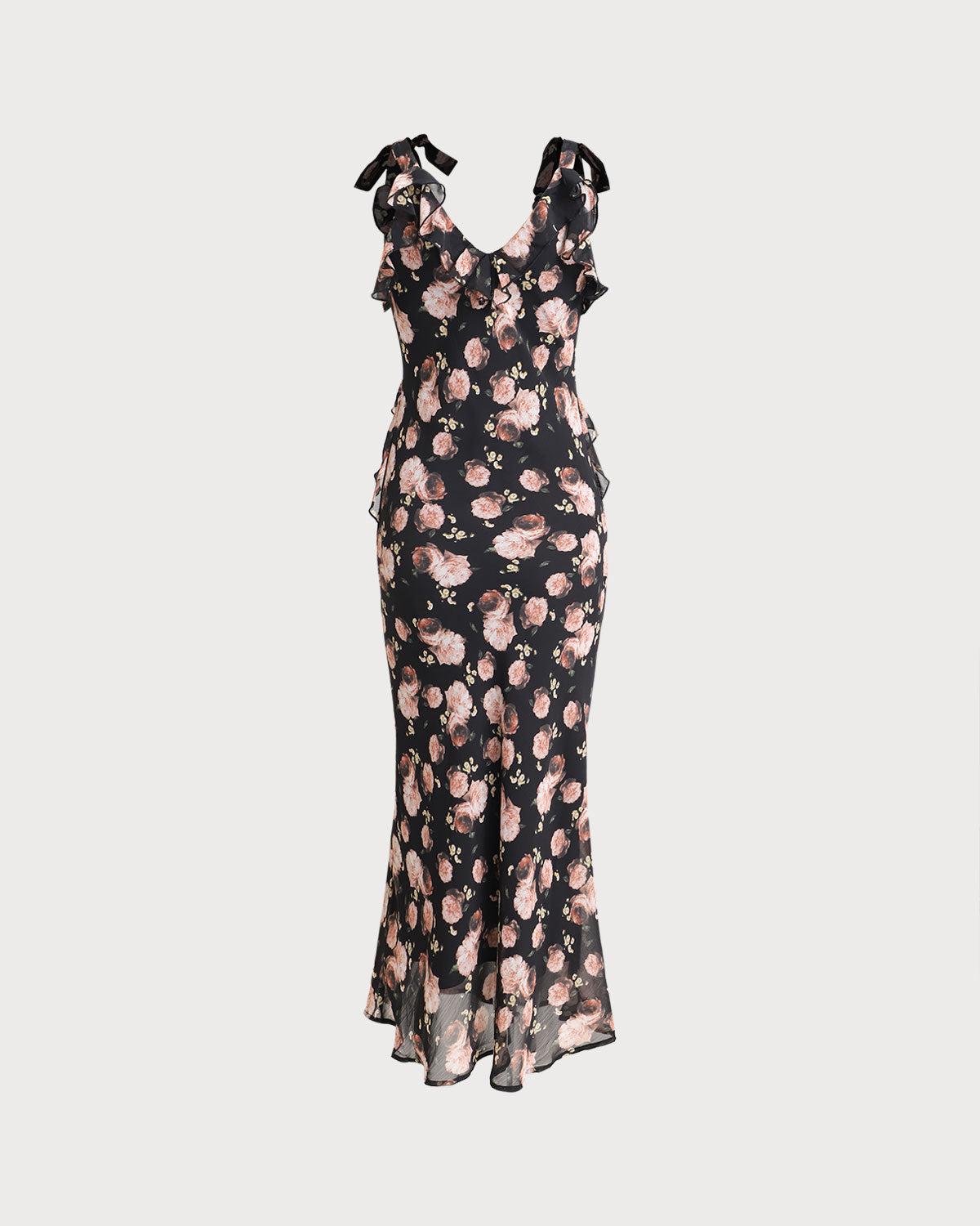 Black Floral Ruffle Sleeveless Maxi Dress Product Image