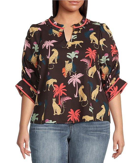 Democracy Plus Size Woven Animal Palm Printed Ruffle Split V-Neck Ruched Elbow Sleeve Top Product Image