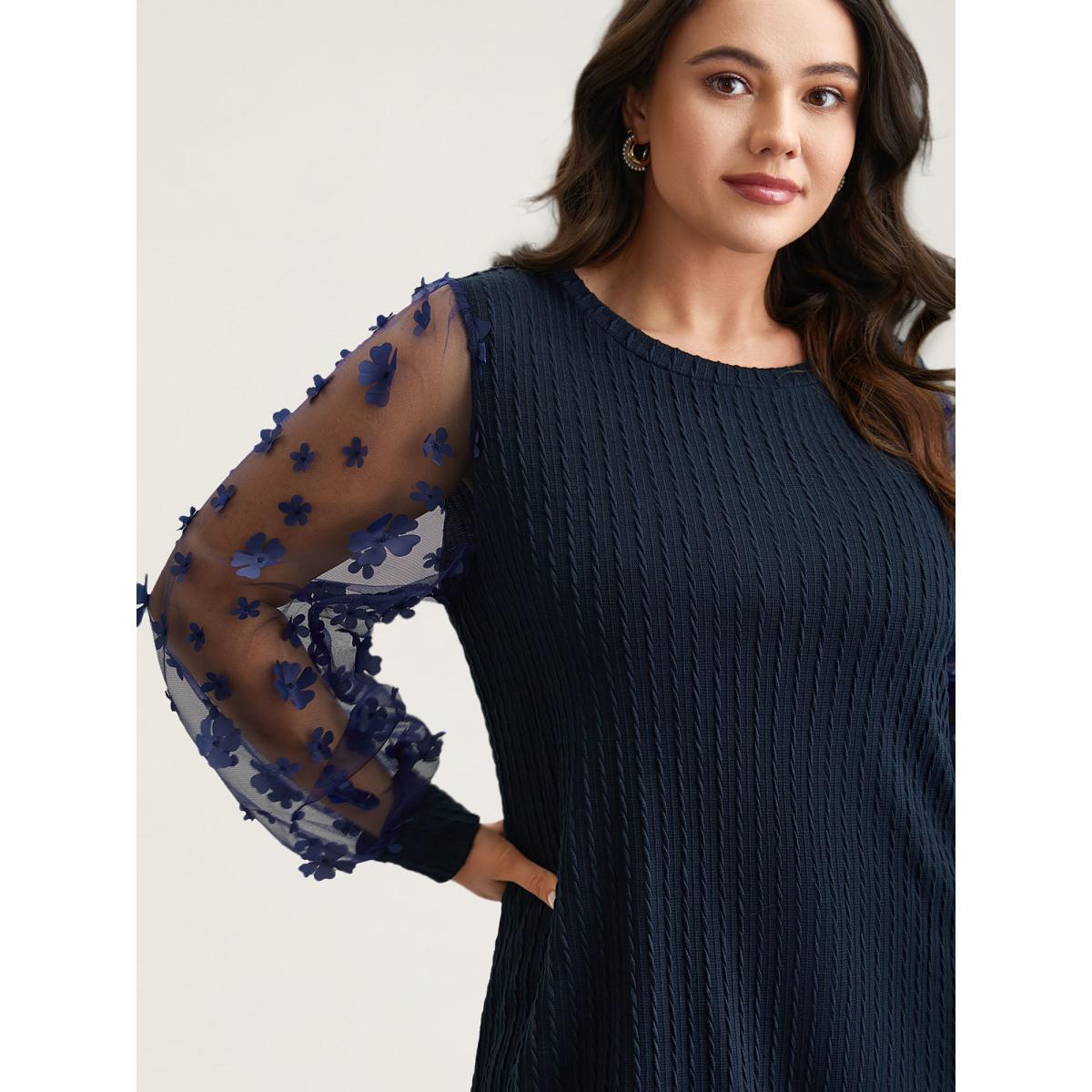 Plus Size Sheer Sleeve Textured Patchwork Round Neck T-Shirt Indigo Women Elegant Texture Round Neck Everyday T-shirts BloomChic 28/5X Product Image