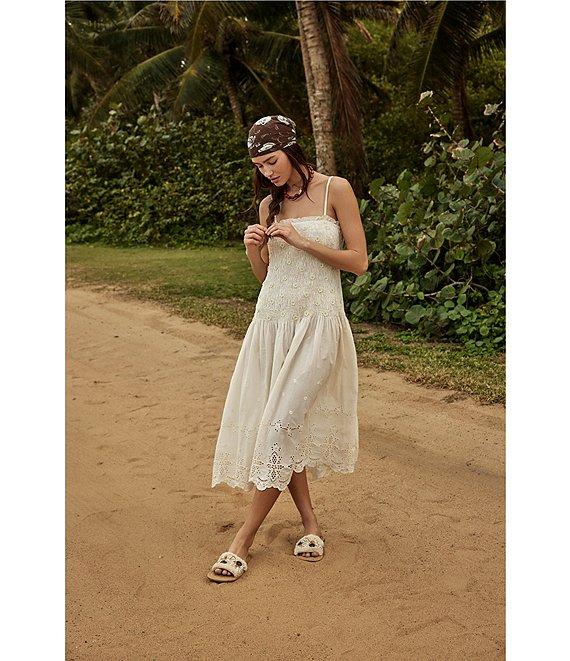 Free People Daphne Embroidered Floral Applique Square Neck Sleeveless Smocked Drop Waist Midi Dress Product Image