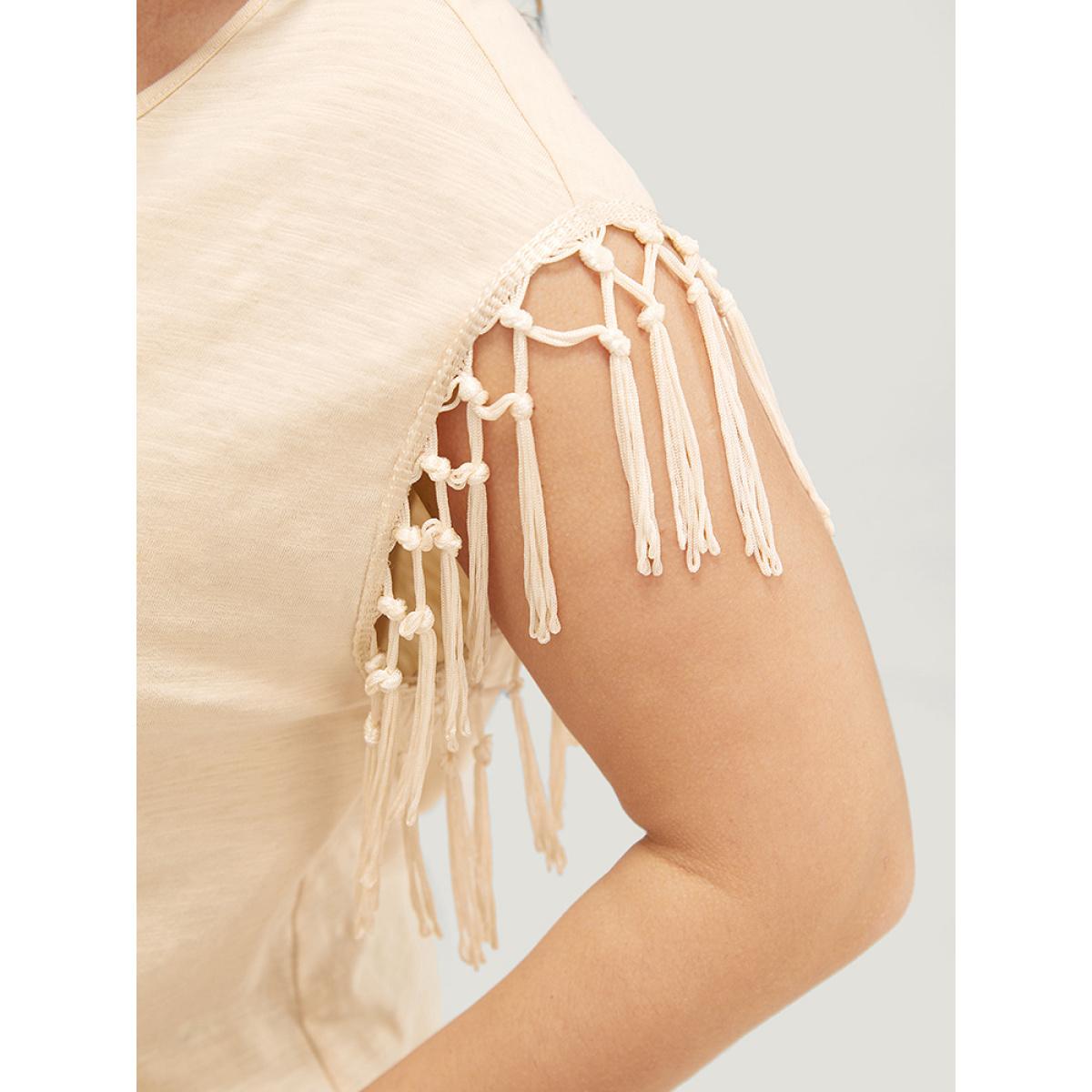 Plus Size Solid Fringe Trim Batwing Sleeve T-shirt Beige Women Elegant Tassels Plain Round Neck Dailywear T-shirts BloomChic 22-24/3X Product Image
