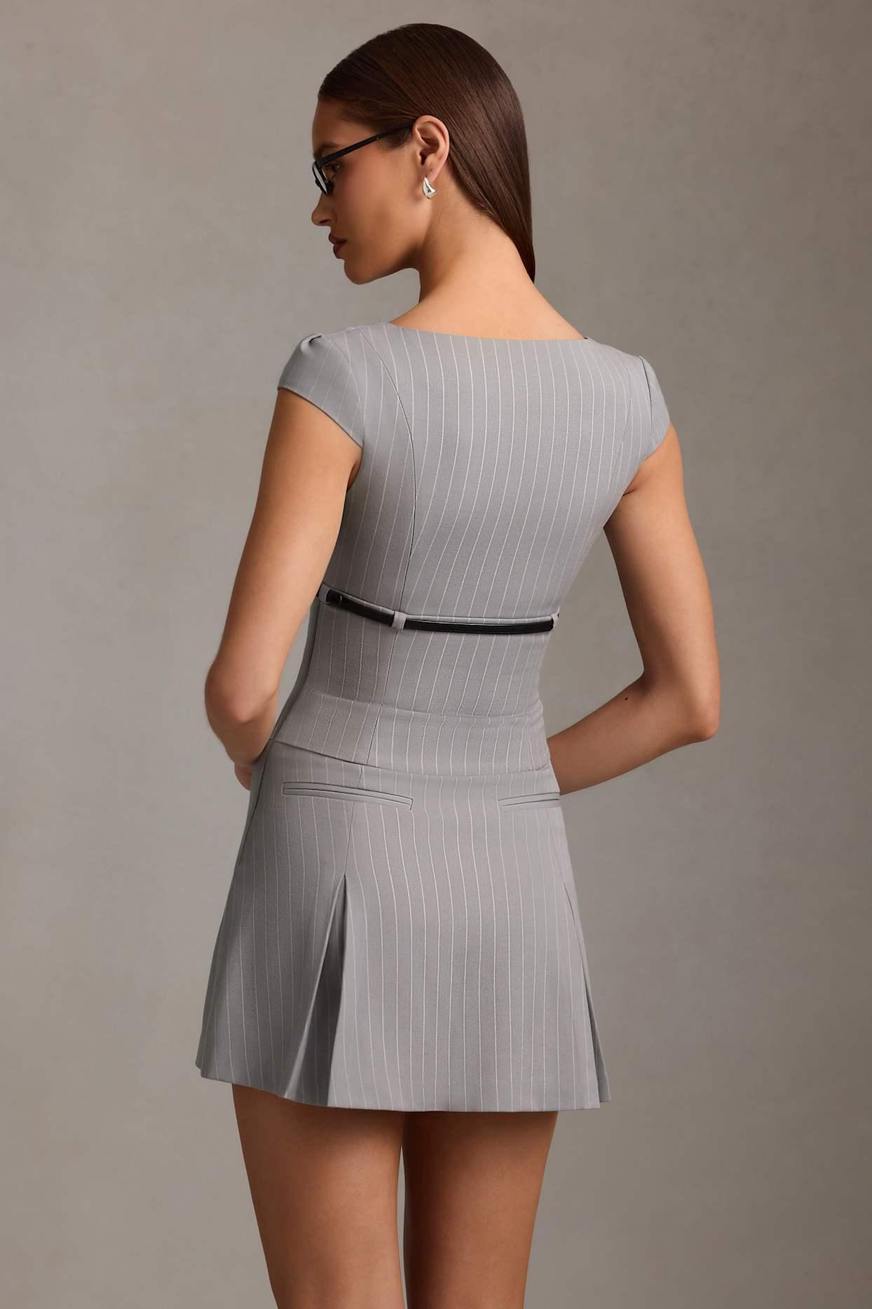 Pinstripe Pleated Waistcoat Mini Dress in Grey Product Image