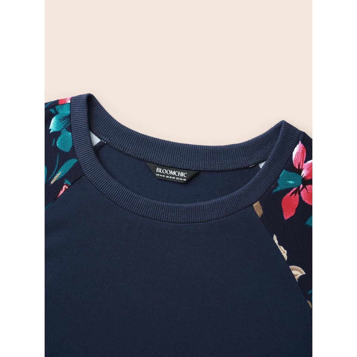Plus Size Floral Patchwork Raglan Sleeve Sweatshirt Women DarkBlue Elegant Contrast Round Neck Everyday Sweatshirts BloomChic 18-20/2X Product Image