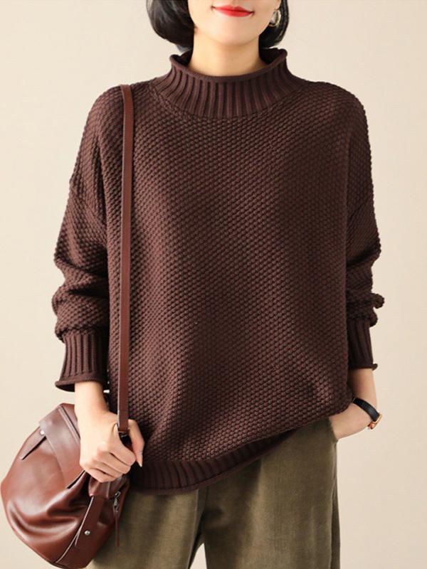 Casual Loose Long Sleeves Solid Color High-Neck Sweater Tops Product Image