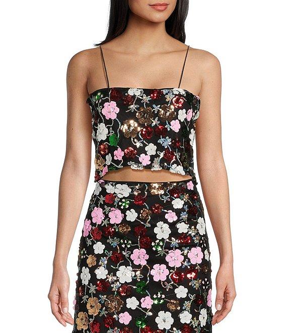 Evolutionary Square Neckline Sleeveless Floral Sequin Mesh Coordinating Crop Top Product Image