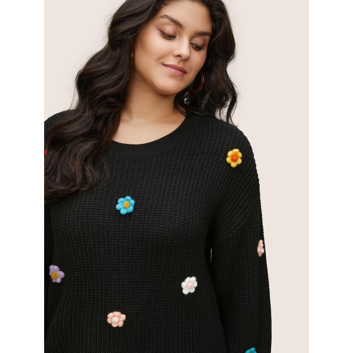 Plus Size Stereo Flower Design Round Neck Pullover Black Women Casual Long Sleeve Round Neck Everyday Pullovers BloomChic 10/M Product Image