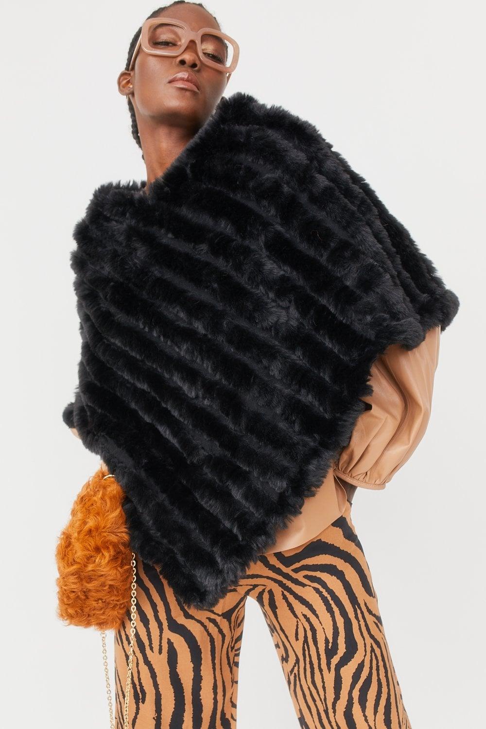 Black Faux Fur Poncho Product Image