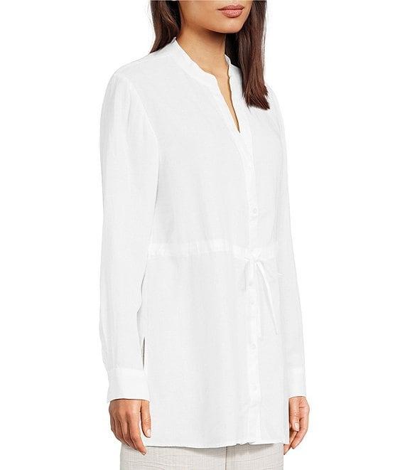 Eileen Fisher Organic Handkerchief Linen Split V-Neck Long Sleeve Cinched Waist Shirt Product Image