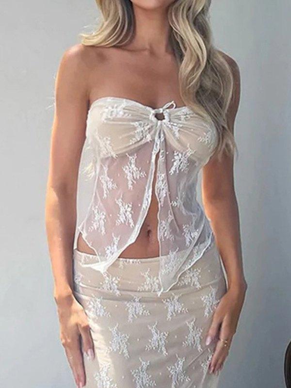 Patchwork Slit Sheer Mesh Bandeau Top Product Image