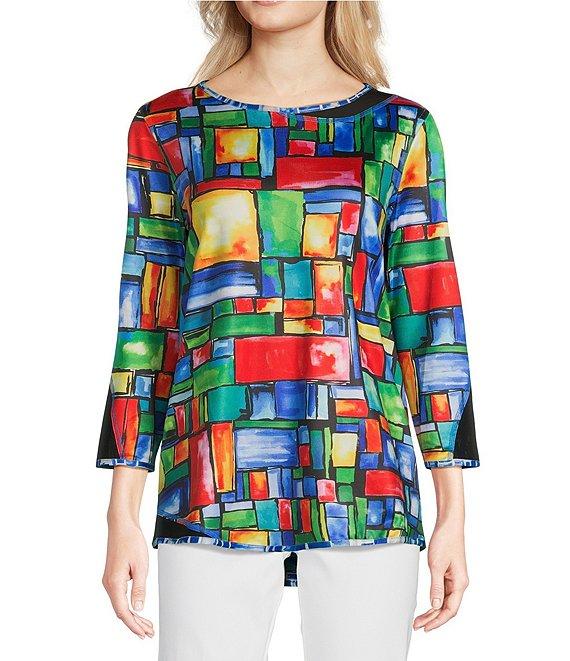 Ali Miles Petite Size Reversible Mesh Knit Round Neck 3/4 Sleeve Hi-Low Hem Tunic Product Image