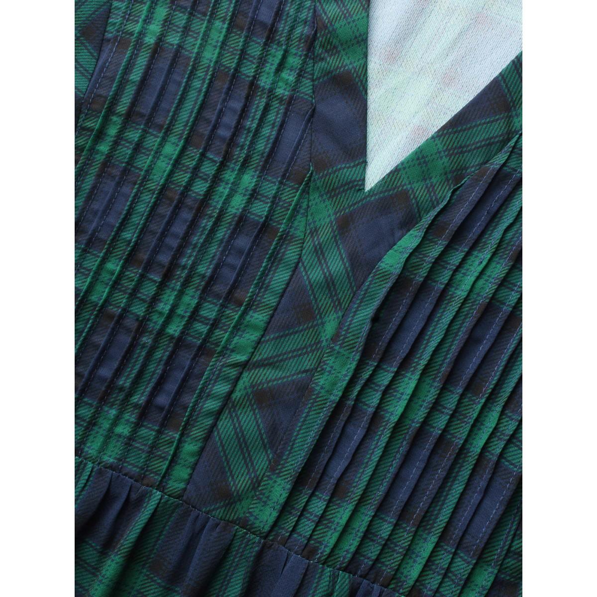 Plus Size Indigo Notched Plaid Ruffles Pleated Blouse Women Casual Elbow-length sleeve Flat collar with V-notch Everyday Blouses BloomChic 12/L Product Image