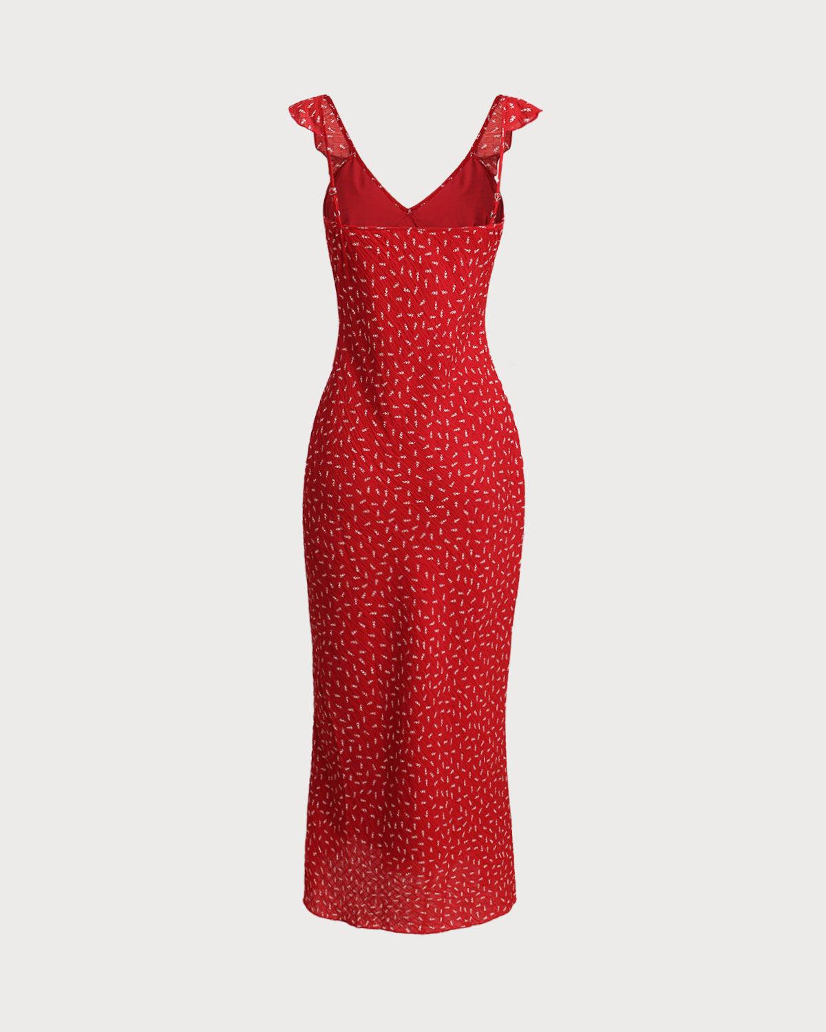 Red Floral V Neck Ruffle Maxi Dress Product Image