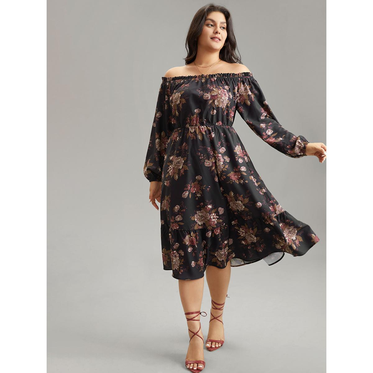 Plus Size Off Shoulder Floral Frill Trim Lantern Sleeve Dress Black Women Elegant Elastic cuffs One-shoulder neck Long Sleeve Curvy Midi Dress BloomChic 28/5X Product Image
