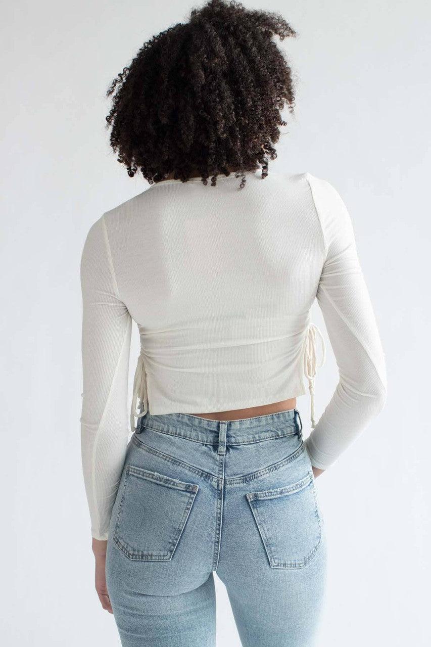 Ivory Ruched Side Slit Ribbed Long Sleeve Top Product Image