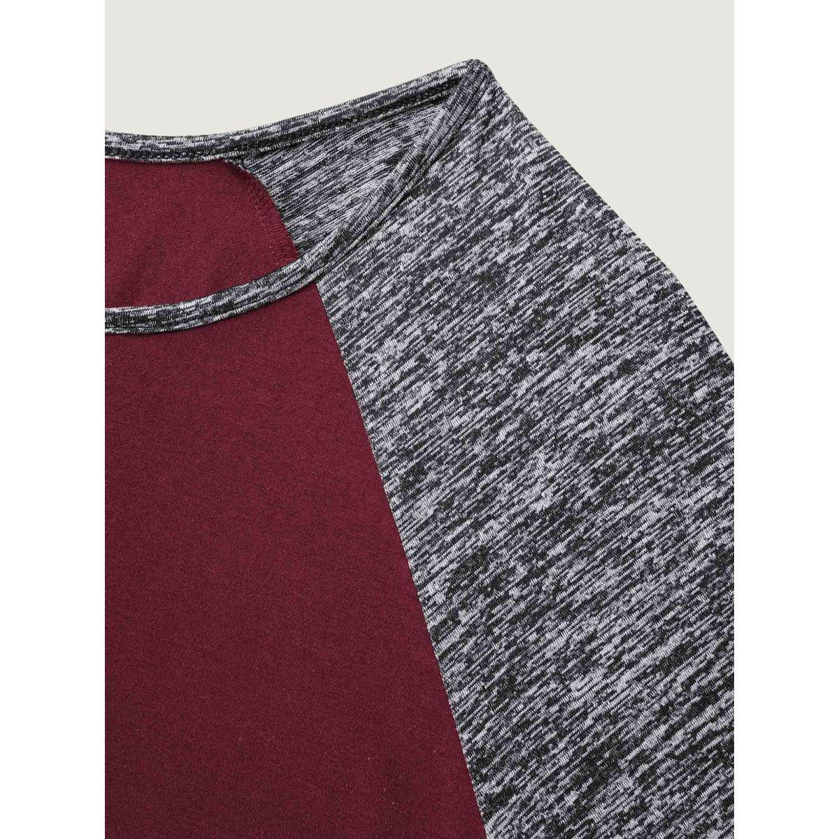 Plus Size Heather Patchwork Button Detail Stretchy T-Shirt Burgundy Women Leisure Contrast Flat collar with V-notch Casual T-shirts BloomChic 18-20/2X Product Image