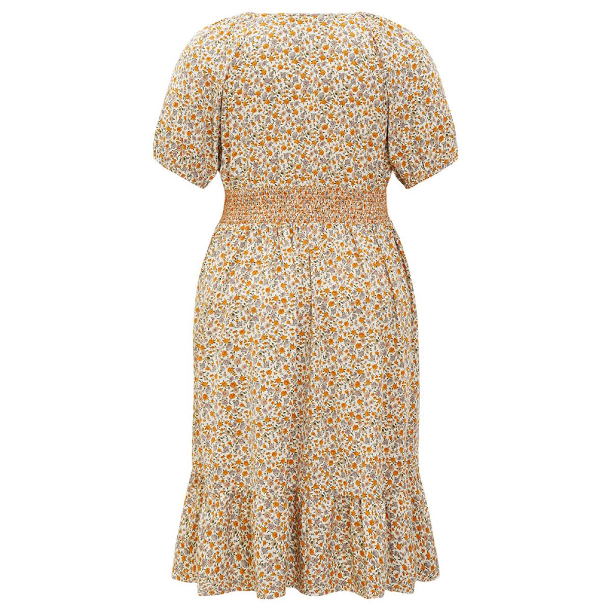 Plus Size Ditsy Floral Pocket Puff Sleeve Shirred Ruffle Trim Dress Apricot Women Elegant Gathered V-neck Short sleeve Curvy Midi Dress BloomChic 22-24/3X Product Image