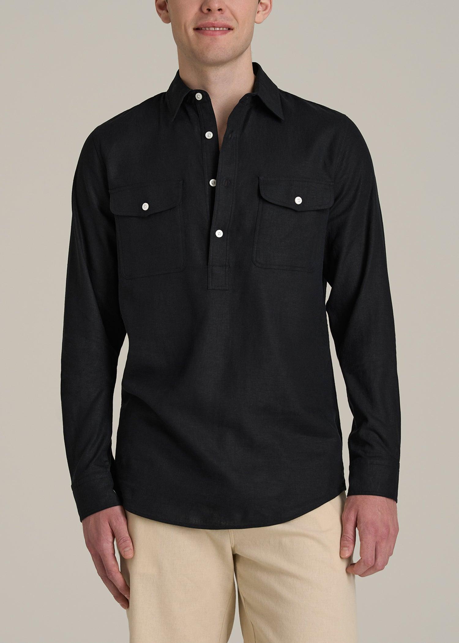 Linen Popover Shirt for Tall Men in Black Male Product Image