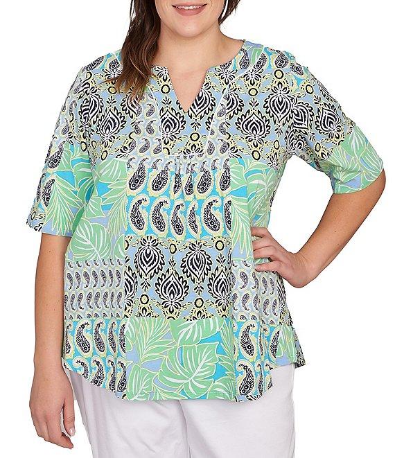 Ruby Rd. Plus Size Bali Patchwork Print Split V-Neck Short Sleeve Knit Tee Product Image