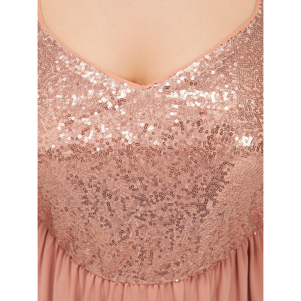 Plus Size Sequin Patchwork Belted Flutter Hem Midi Dress Crepe Women Party Lined V-neck Short sleeve Curvy Midi Dress BloomChic 12/L Product Image