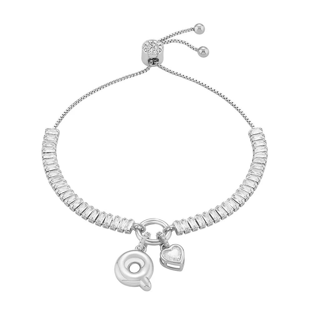 Brilliance Cubic Zirconia Heart & Polished Bubble Initial Charm Adjustable Bracelet, Women's, Size: 4-10" ADJ, Silver Tone D Product Image