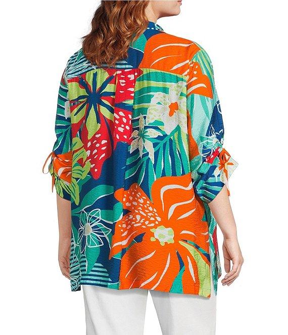 John Mark Plus Size Printed Wire Collar 3/4 Cinch Tie Sleeve Button Front Tunic Product Image