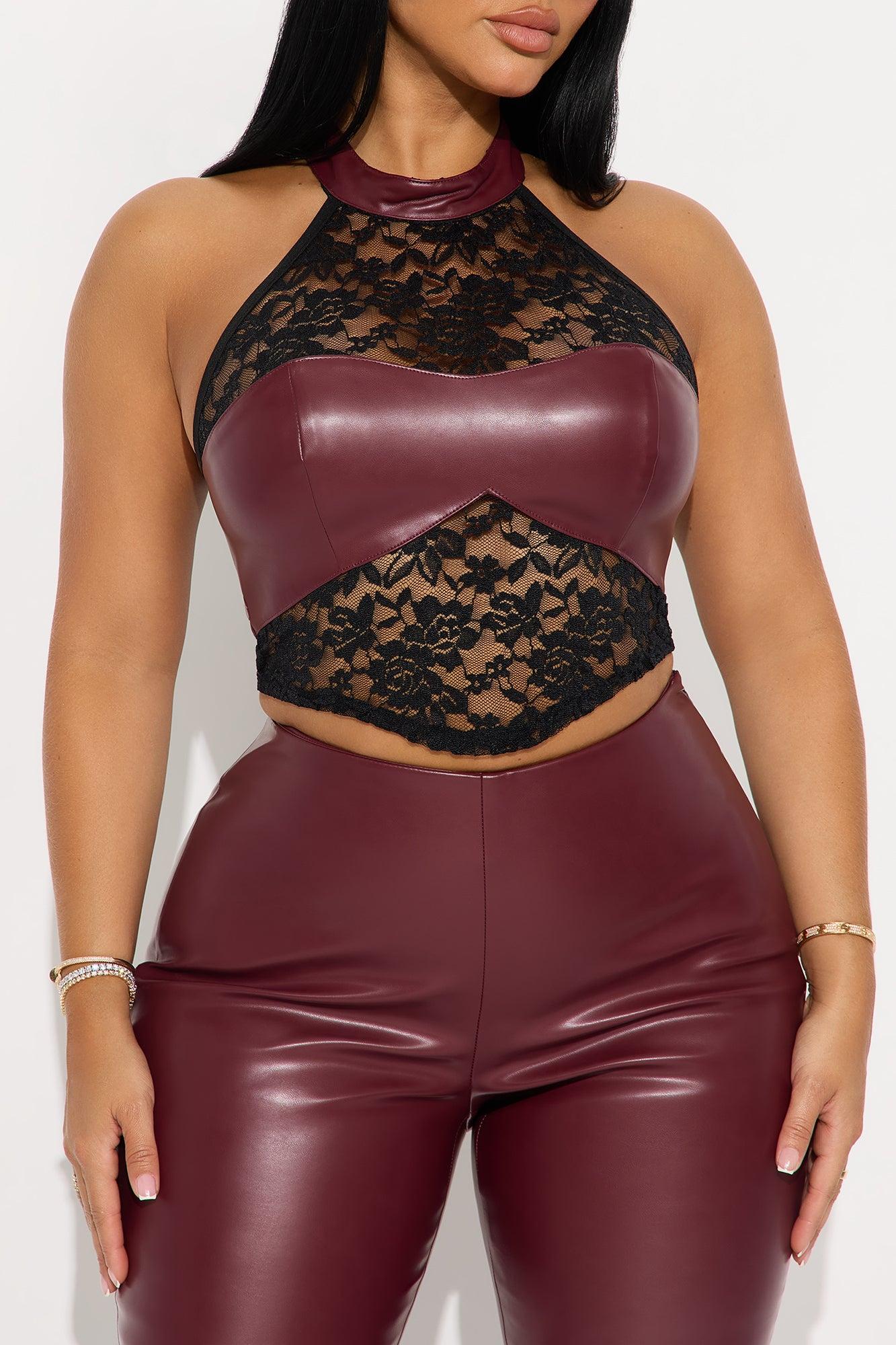 Flirt For Fun Faux Leather Pant Set - Burgundy/combo Female Product Image