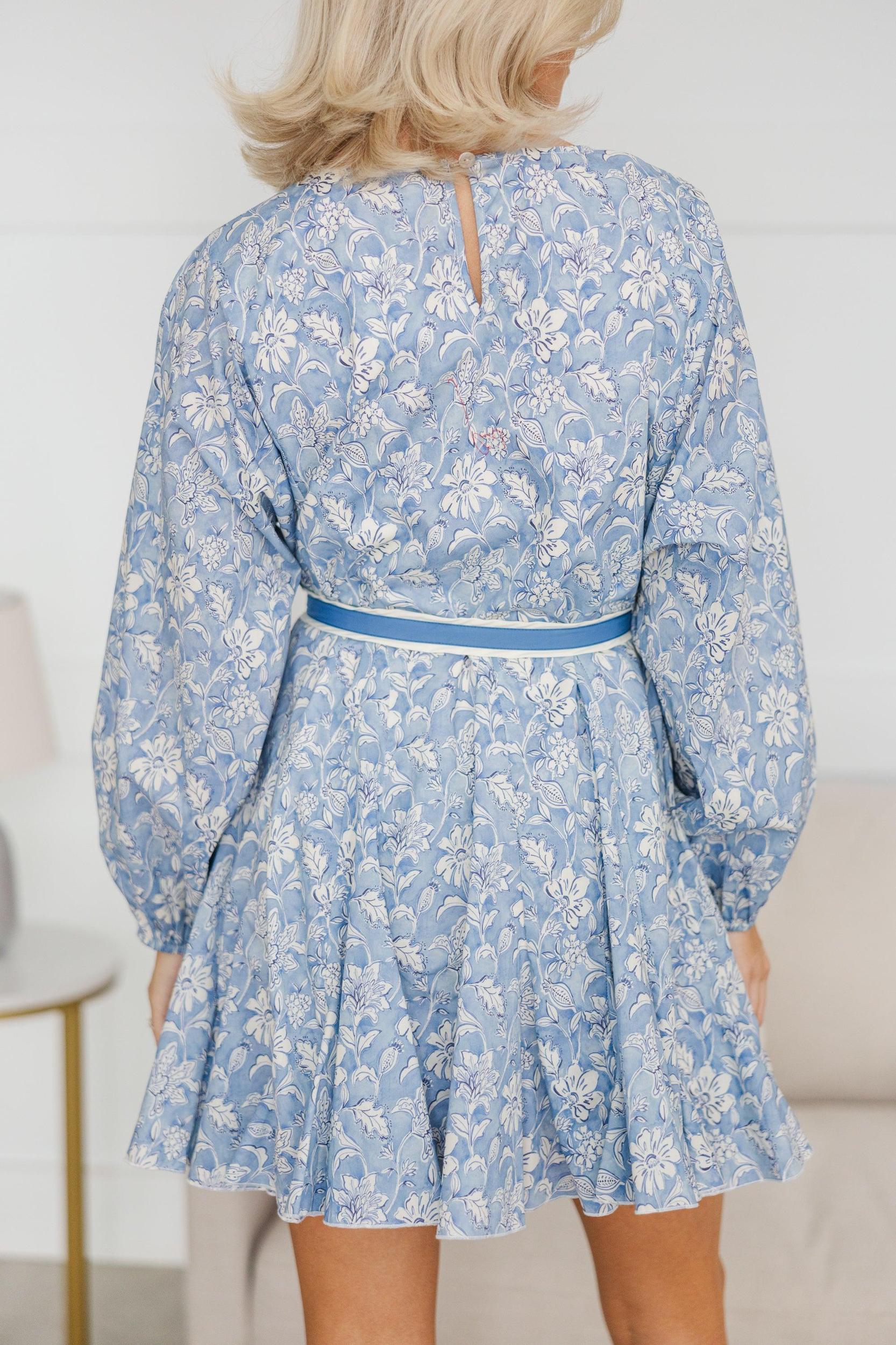 Stay Close Blue Floral Toile Tied Waist Dress Female Product Image