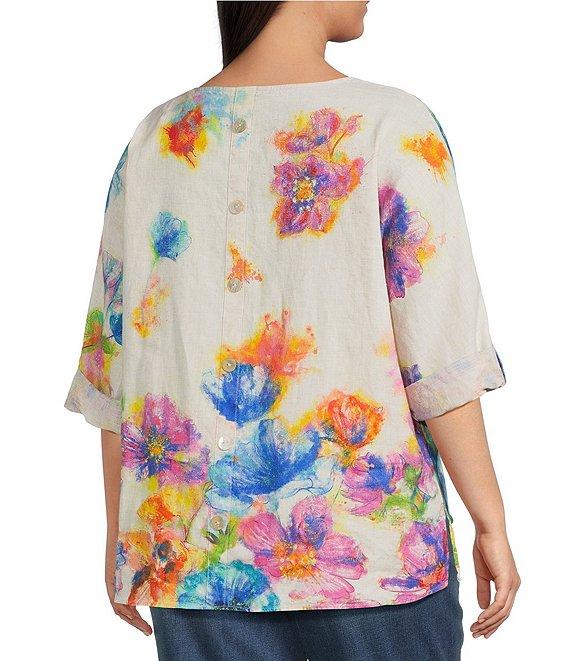 Ali Miles Plus Size Linen Blend Multi Floral Round Neck 3/4 Dolman Roll-Tab Sleeve Tunic Product Image