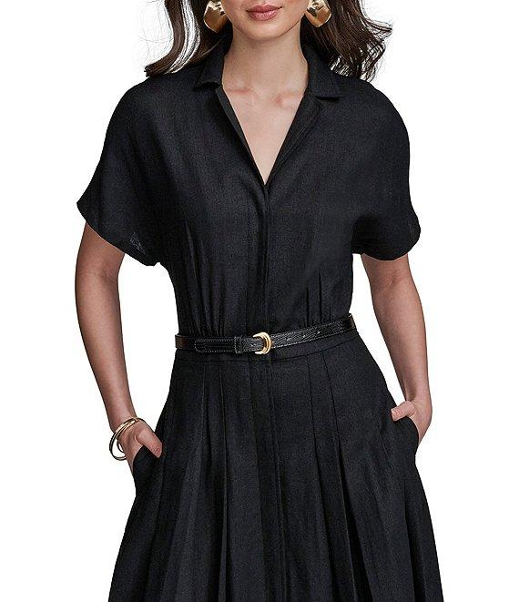 Donna Karan Linen Blend Short Sleeve Belted Midi Shirt Dress Product Image