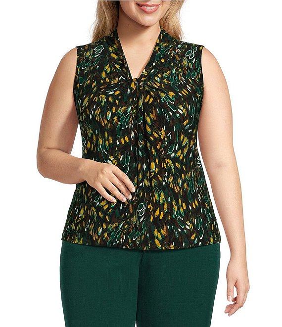 Kasper Plus Size Abstract Print ITY V-Neck Sleeveless Knot Front Blouse Product Image