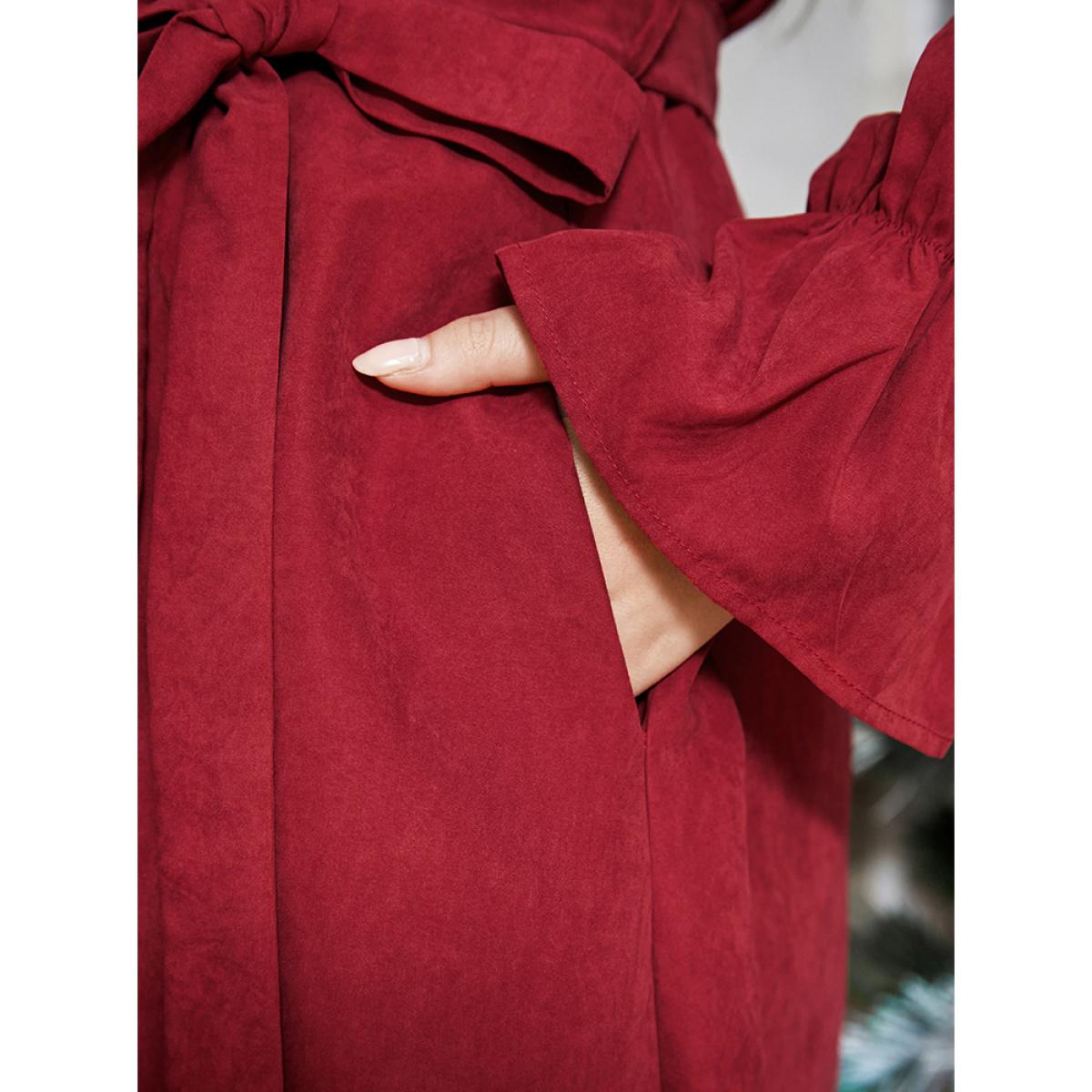 Plus Size Solid Round Neck Pocket Belted Lantern Sleeve Dress Scarlet Women Dating Round Neck Long Sleeve Curvy Midi Dress BloomChic 12/L Product Image
