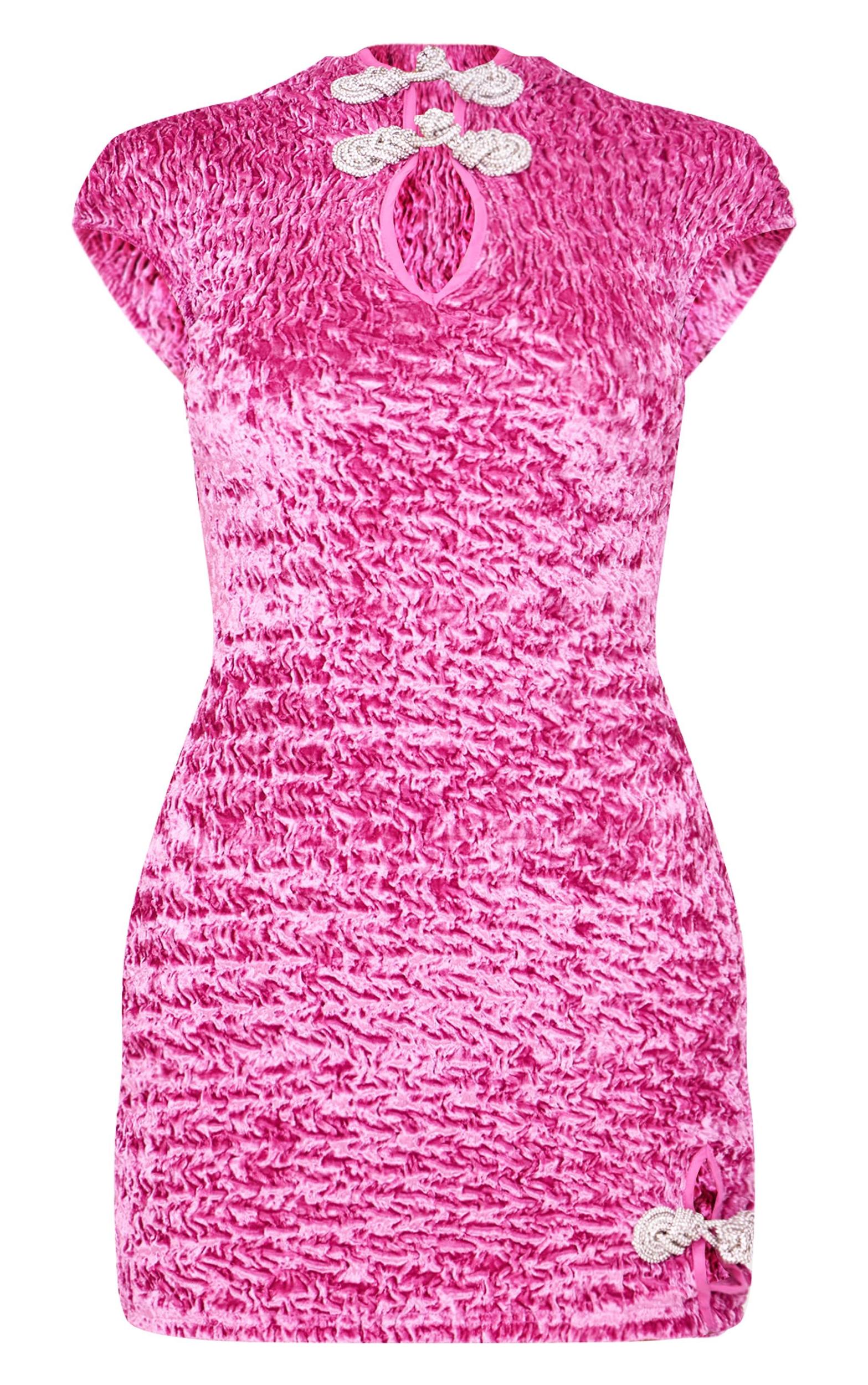 Pink Textured Satin Bow Detail Mini Dress Product Image