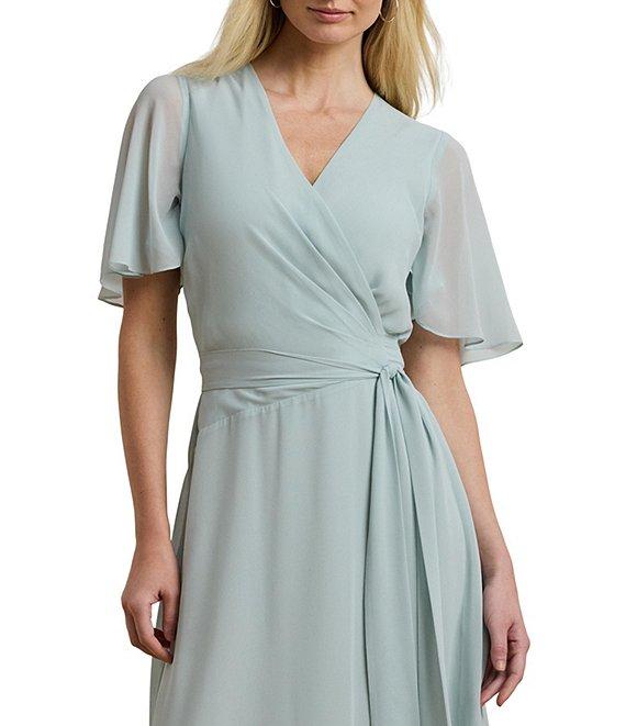 Lauren Ralph Lauren Georgette V Neck Short Sleeve Wrap Belt Fit and Flare Midi Dress Product Image